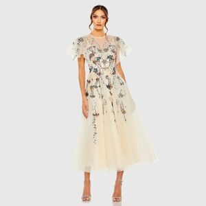MAC DUGGAL Nude Flutter Sleeve High Neck Embellished Floral Dress / size 12